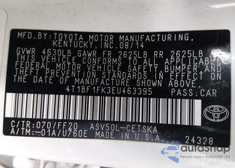 2014 Toyota Camry Se Sport из США, поврежденный, VIN 4T1BF1FK3EU463395